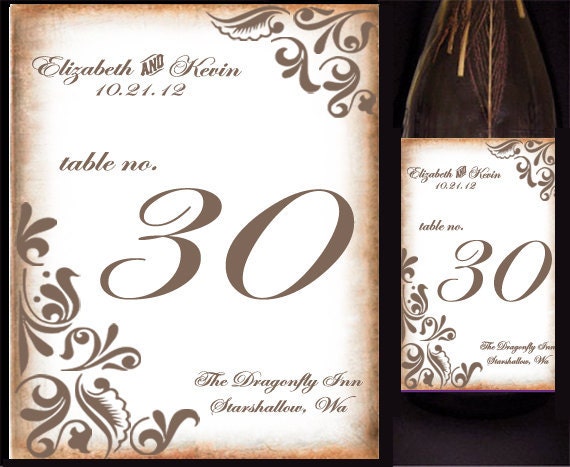 Vintage Floral Motif Wine Bottle Labels or Cardstock Table Numbers - Antique Style - Wedding Reception - Sample