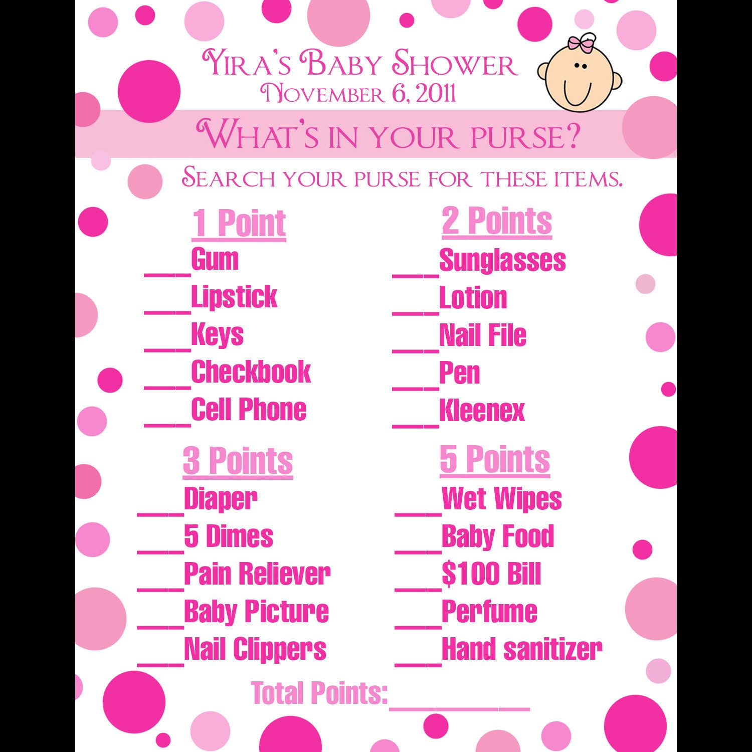 24 Personalized Baby Shower Game Cards - What's in Your Purse Game - Pink Polka Dot