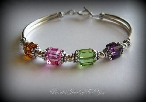 Mother's Birthstone Bracelet - Swarovksi Crystal Cube Bangle Bracelet