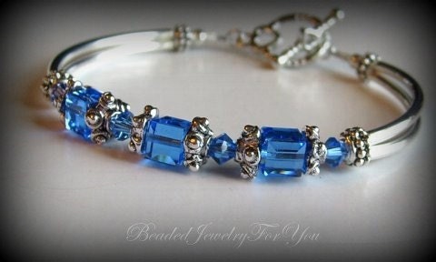 Wedding Bridesmiad Bracelet - Antiqued Pewter Sapphire Blue Swarovski Crystal Bangle Bracelet