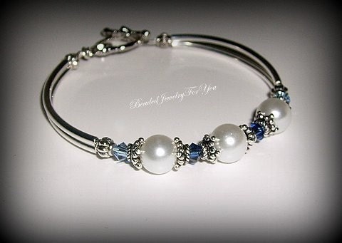 Wedding Bracelet - White Pearls and Sapphire Swarovksi Crystal Bridesmaid Bangle Bracelet