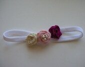 NYLON HEADBAND - Wool felt 3 mini rolled rosette in baby pink, soft white, boysenberry on a white nylon soft headband