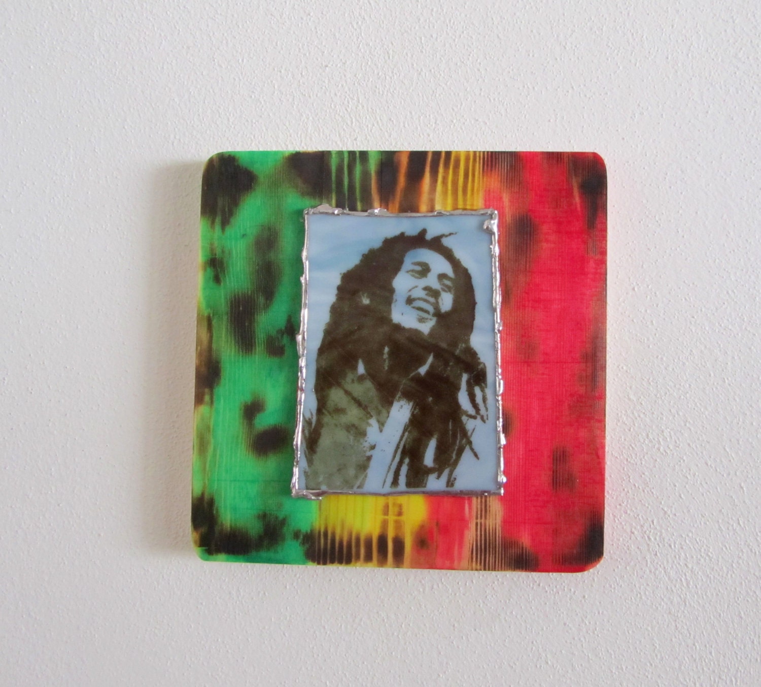 Handmade Fused Glass and Wood Bob Marley Artwork