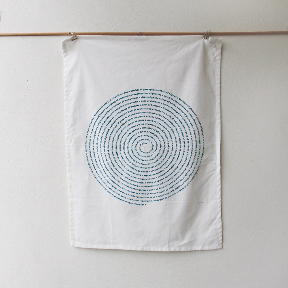 Animal Collective Nouns Organic Tea Towel in Teal Blue : Hand-screened Design, eco friendly kitchen, typography, gift for dad or teacher