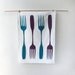 Foodie Tea Towel - Purple and Teal Forks - eco kitchen, home decor, hostess gift, organic cotton