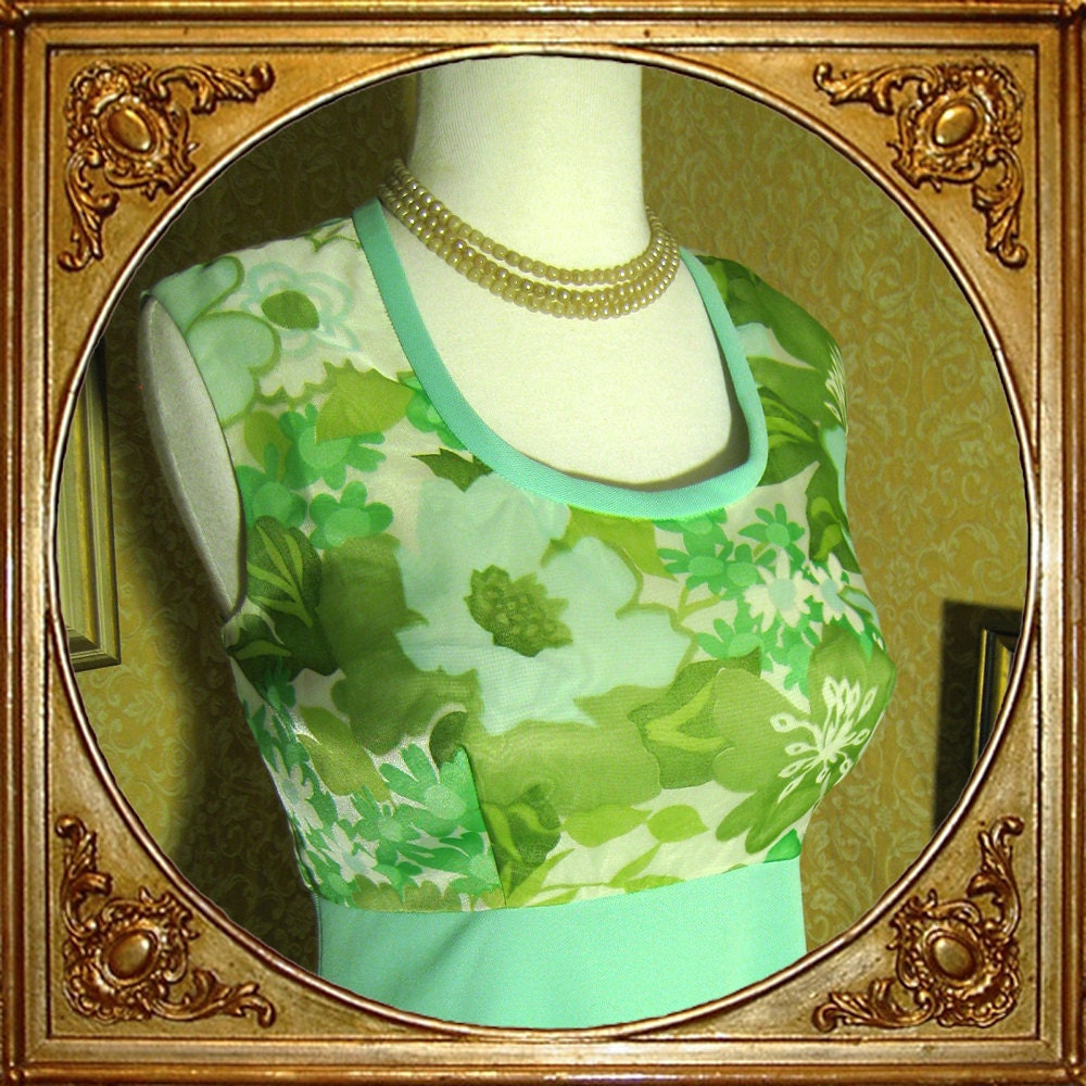 60s aqua green  and floral party dress. sz m.