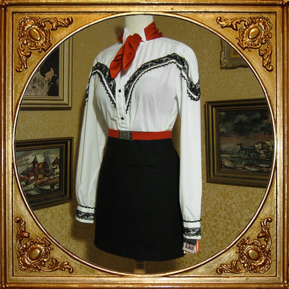 70s Kenny Rogers Western Collection shirt. NOS with tags. puff sleeves, black lace trim. sz s m.