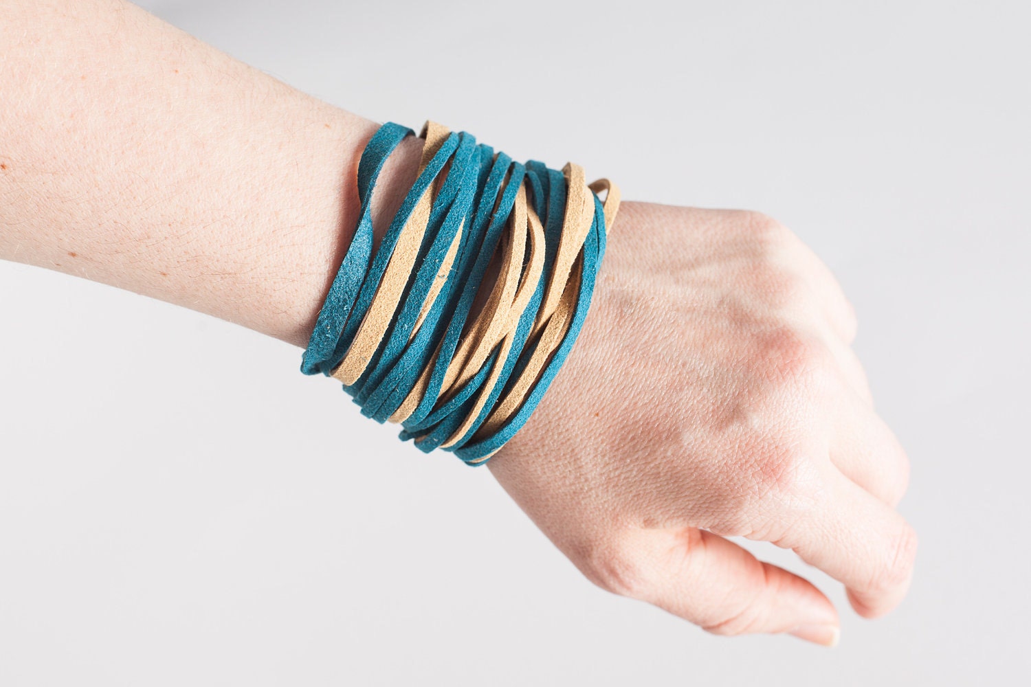 Sustainable Vegan Suede Fringe Bracelet in Peacock and Wheat