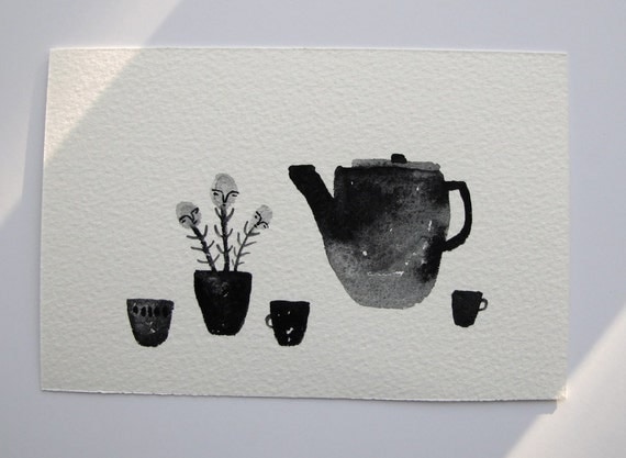 curious tea time - original gouache still life painting