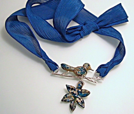 Speckled Blue Bird and Leaf Necklace
