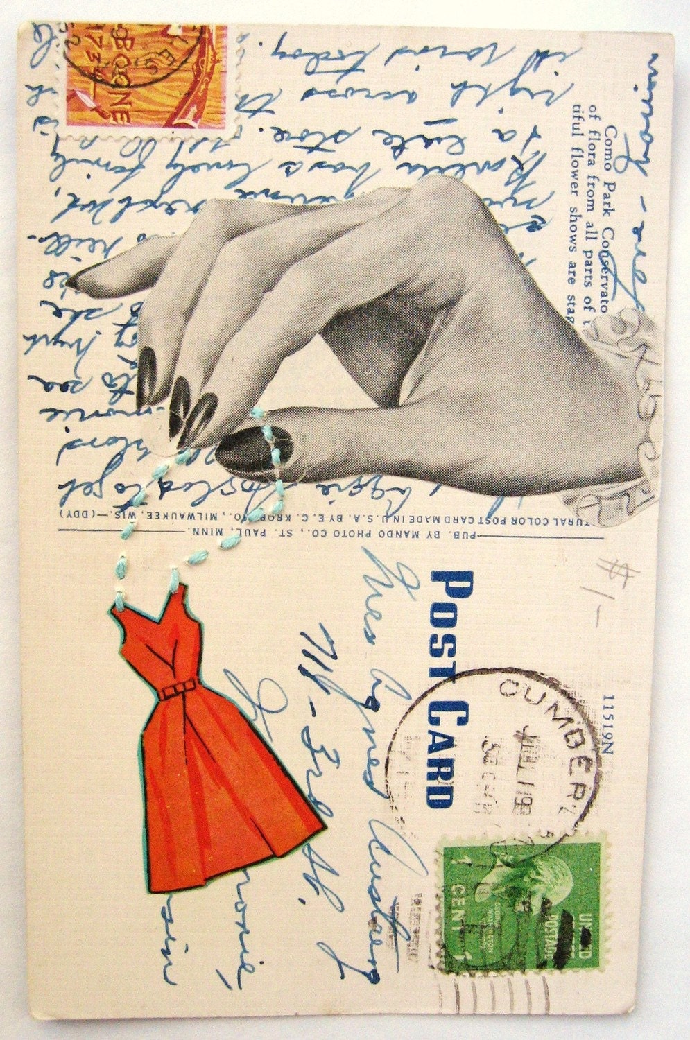SALE. The Seamstress. Altered postcard collage