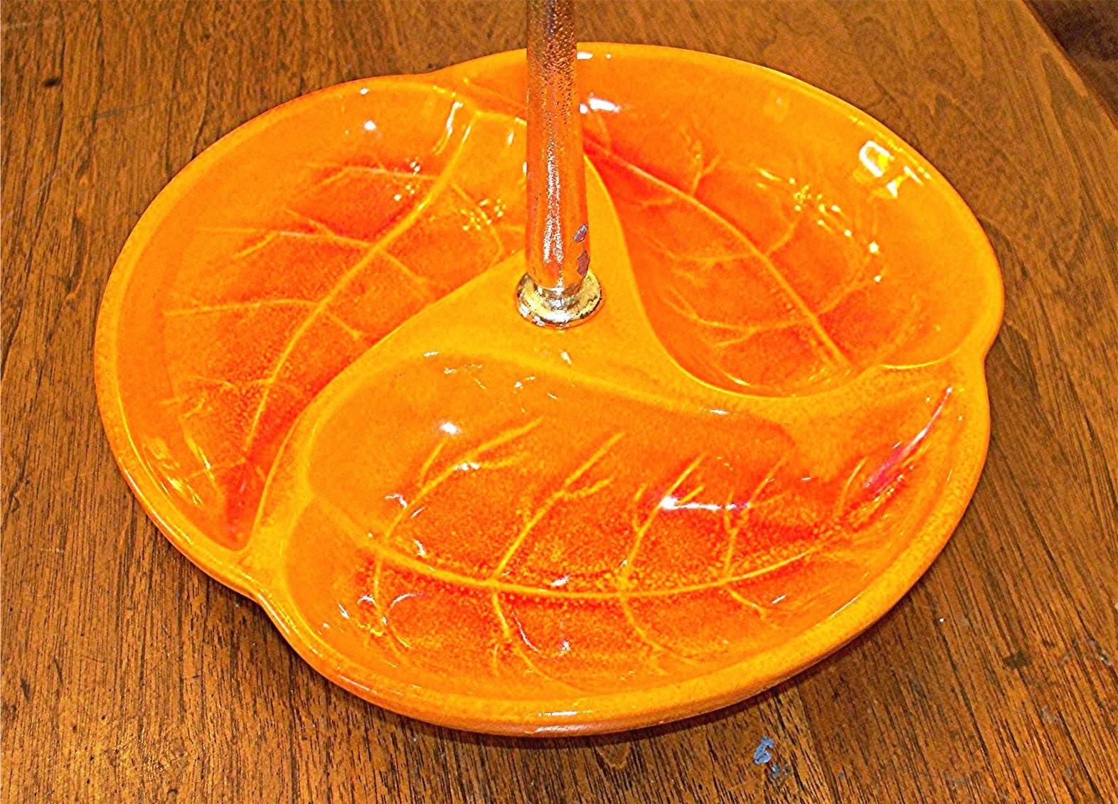 Vintage,60's,Royal Haeger,Signed,Dish,Leaf Pattern,Tangerine and Red,Orange,Candy Dish