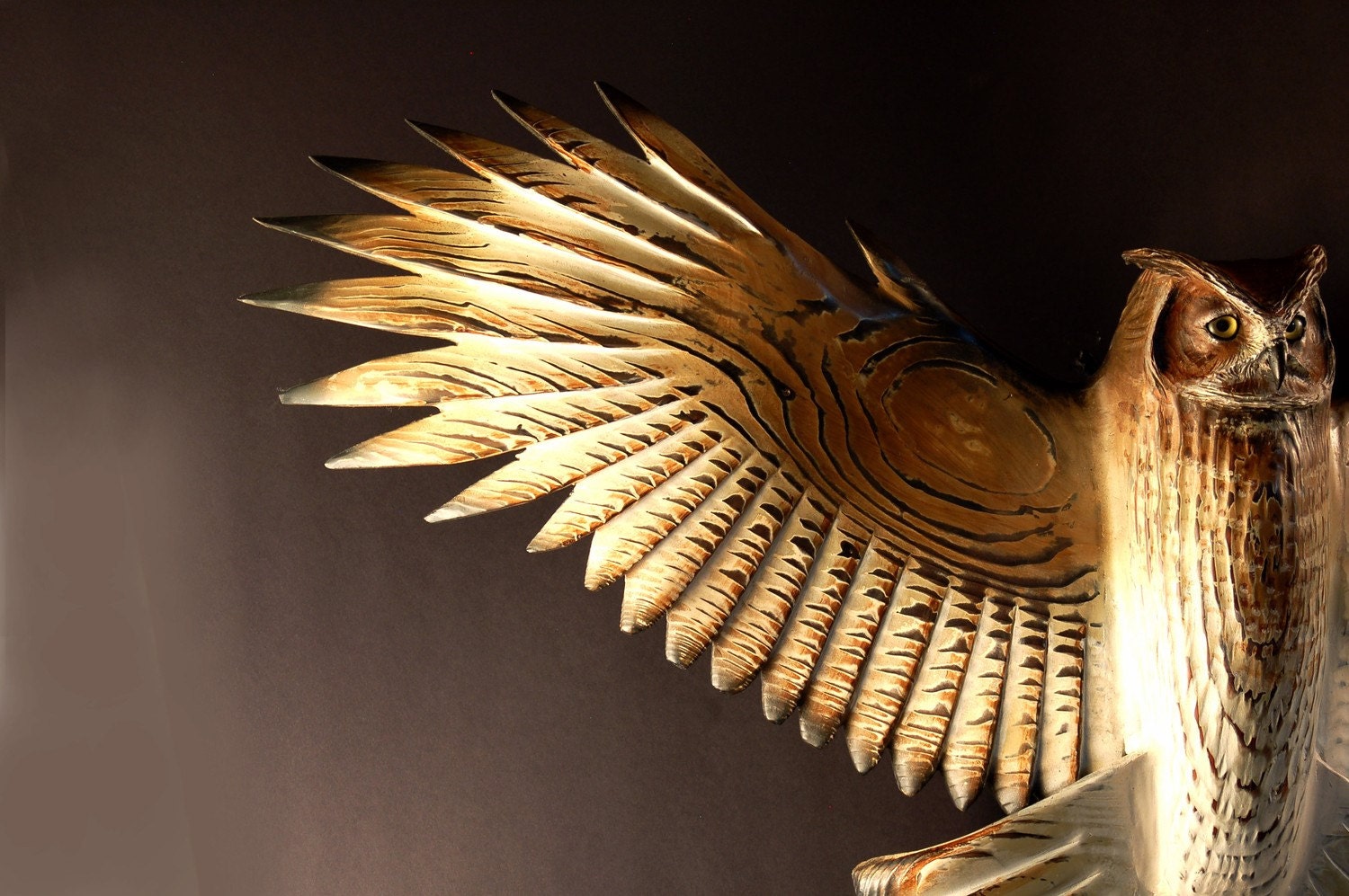 Owl Sculpture hand carved by Jason Tennant, Silent Flight, Owl woodcarving