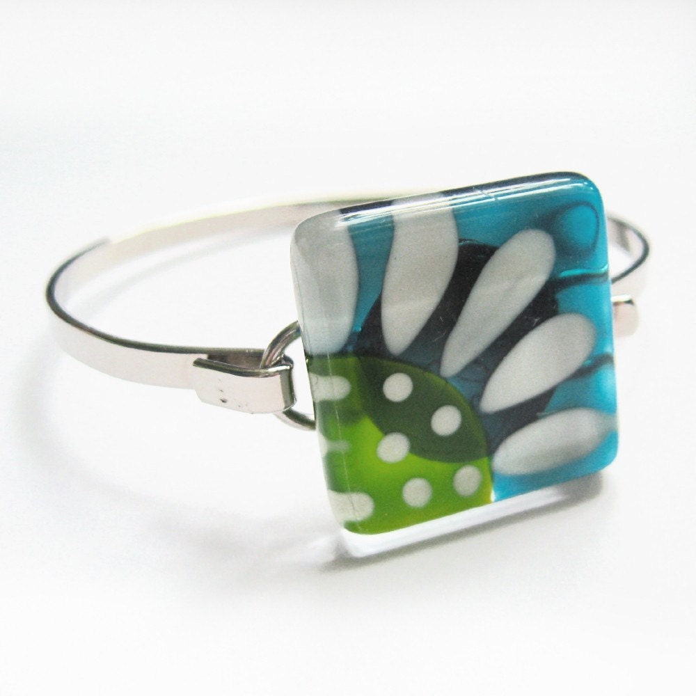 Teal and green flower bracelet - hand painted glass -
