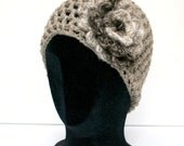 Beanie Hat  - Light Brown with Wool Flower