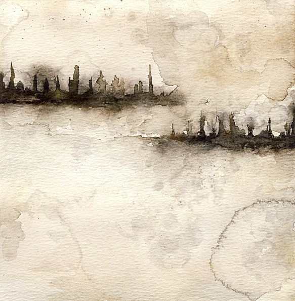 Dystopia Watercolor Painting Cityscape dreary winter stormy foggy 8x8 giclee art print skyline silhouette