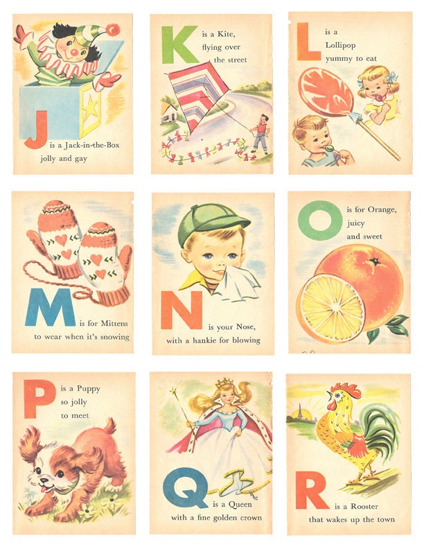 Digital Collage Sheet - Vintage Illustrated ABC Alphabet Flash Cards - ACEO - ATC - Collage - Altered Art