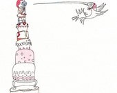 Birthday Illustration, Birthday Cakes, Hummingbird, Red Handkerchief, whimsical art, 8x10 Print