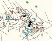 Spaceship drawing with blue and green stars, Geometry and Outerspace