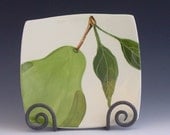 Square Plate - Pear Mod Small Square Plate (White) - Colorful Handpainted Green Pear Ceramic Pottery for Serving Home Decor Gifts  P-111W
