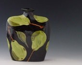 Vase - Pear Large Envelope Vase - Colorful Handpainted Green on Black Pear Pottery for Botanical Home Decor Hostess Gift  P-368B