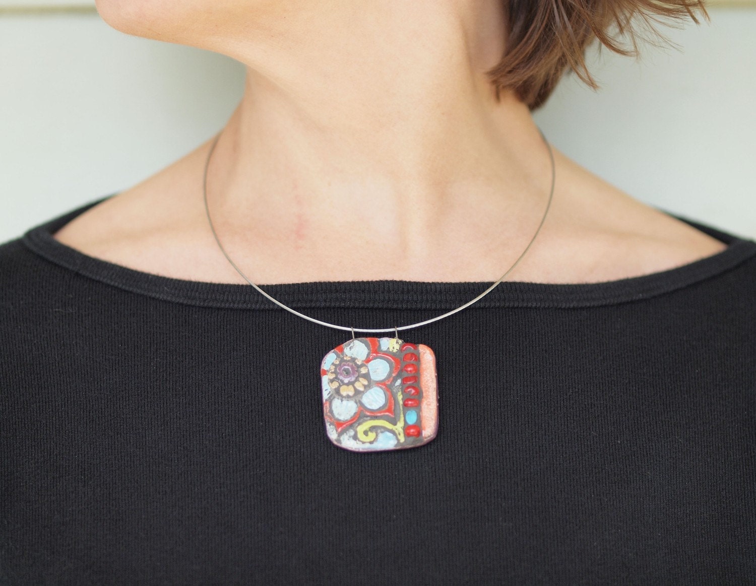 Floral Pendant Necklace - Blossom Raku Clay Tile Mosaic Necklace - Colorful Ceramic Pottery Botanical Jewelry Fashion Accessory Gifts