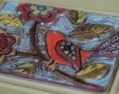 Bird & Floral Mosaic Tile - Tweet Tweet Raku Clay Tile Mosaic  Framed Art - Colorful Whimsical Botanic Pottery Mosaic Home Decoration