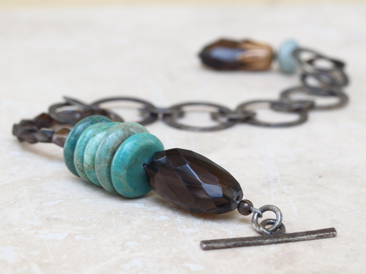 Turquoise Bracelet - Chain Link Loop Bracelet with Turquoise Discs and Smoky Quartz