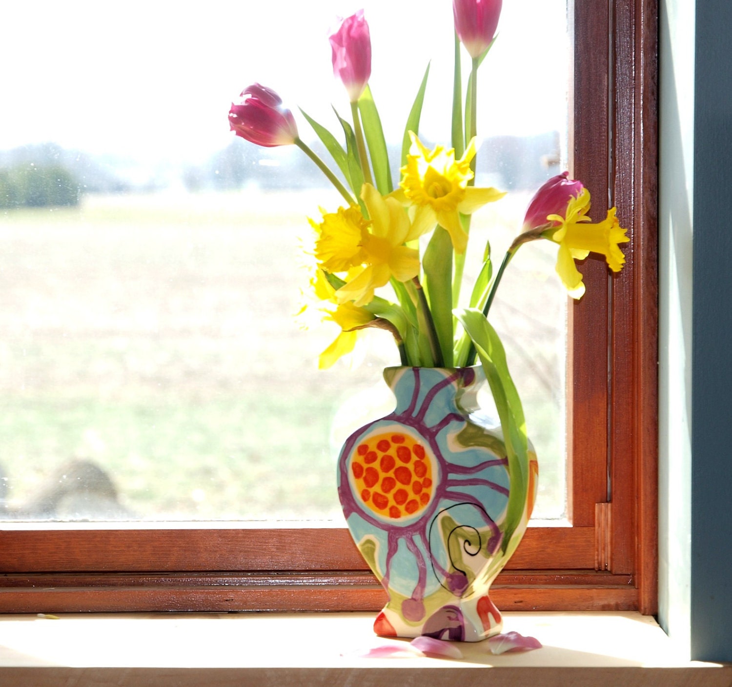 Bright Floral Vase - Jubilation Flat Urn Vase - Colorful Pottery for Spring Summer Home Decoration or Gift Giving   J-360
