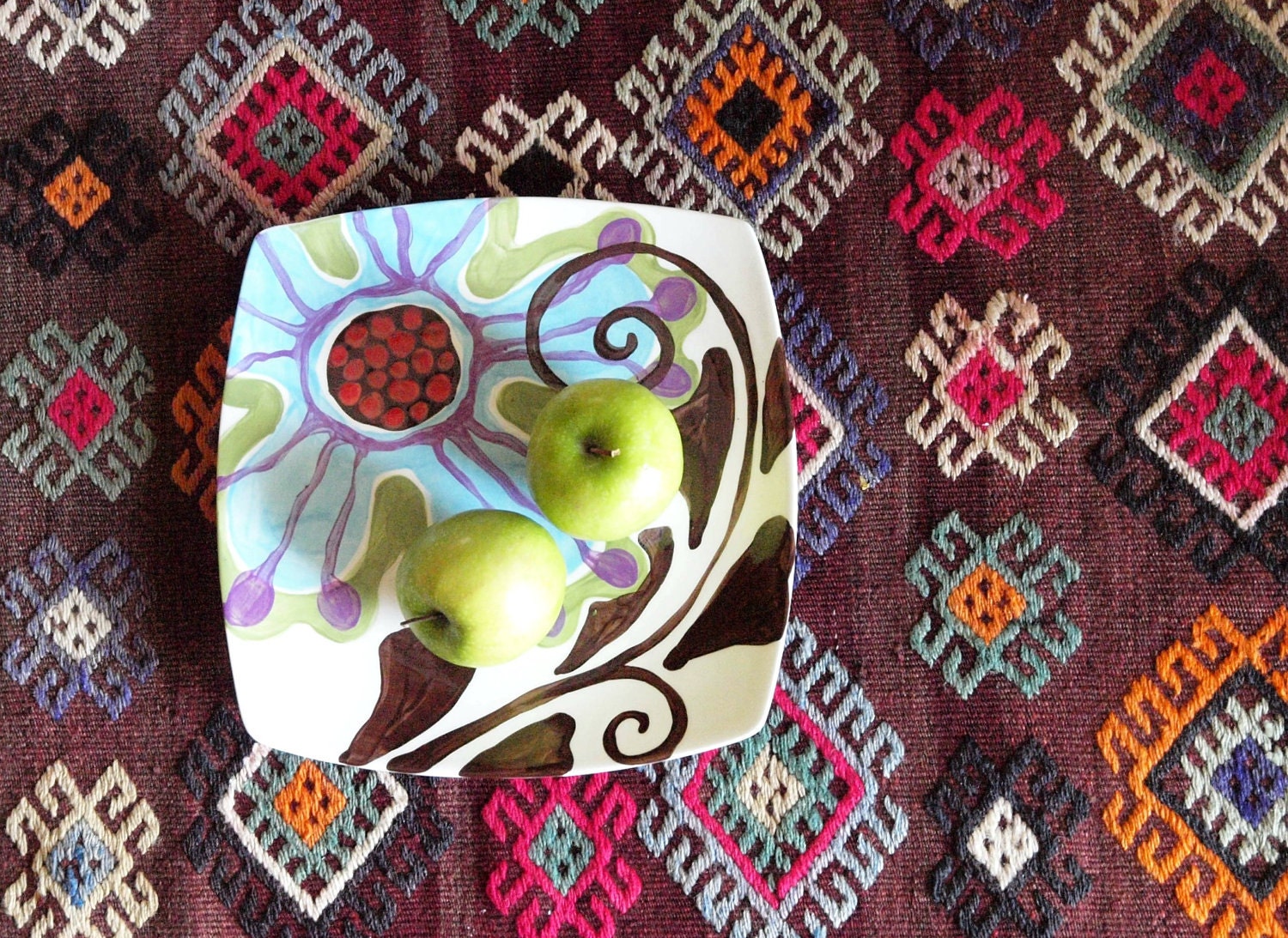 Dinner Plate - Urban Fusion Mod Square Medium Plate 10.75 in - Colorful Pottery Plate for Serving Boho Home Decor or Gift Giving   UF-112W