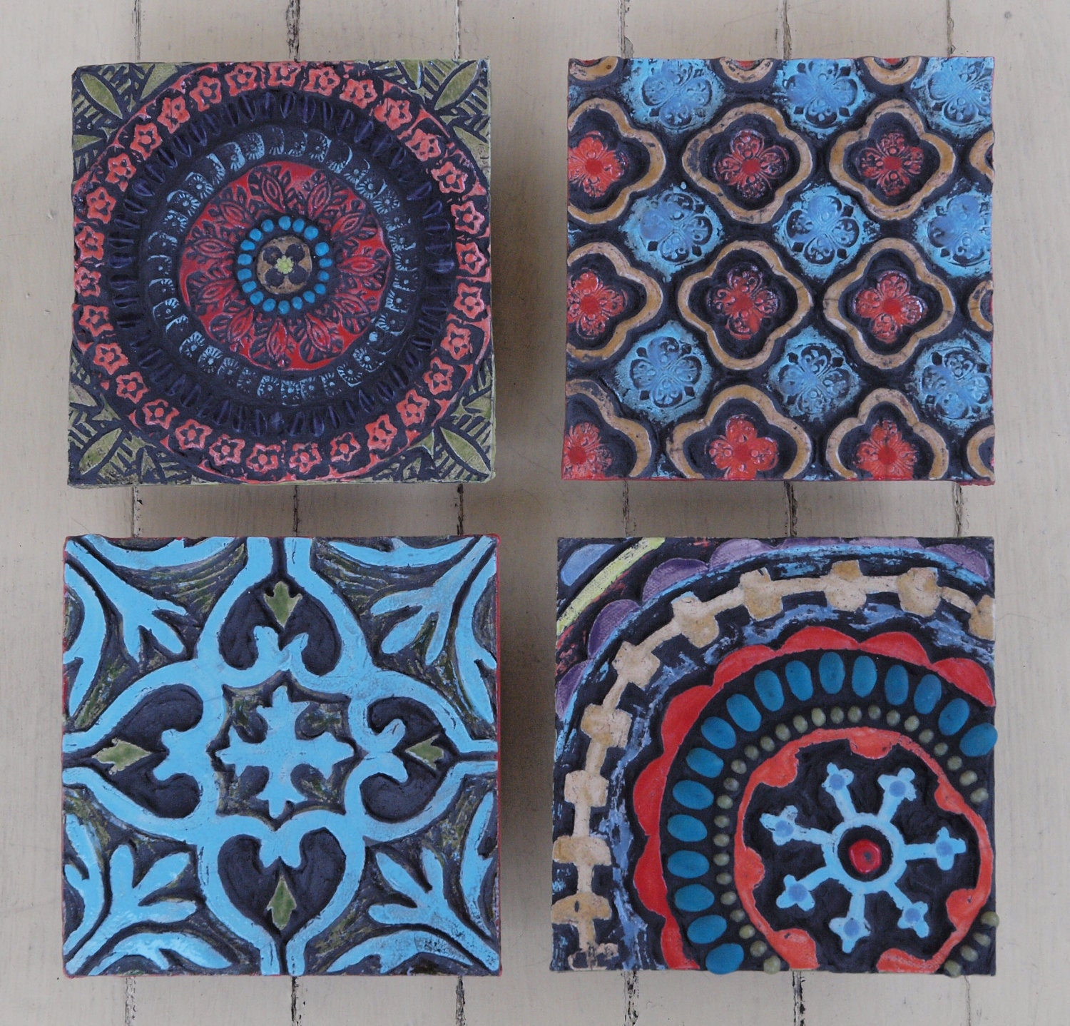 Wall Art - Pattern & Texture Clay Tile Mounted Wall Art Set of Four - Colorful Pottery Mosaic Home Decoration