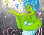 Sexy Green Alien Girl pin up Sci Fi Fantasy art Original painting hot air balloons strange 8 x 10