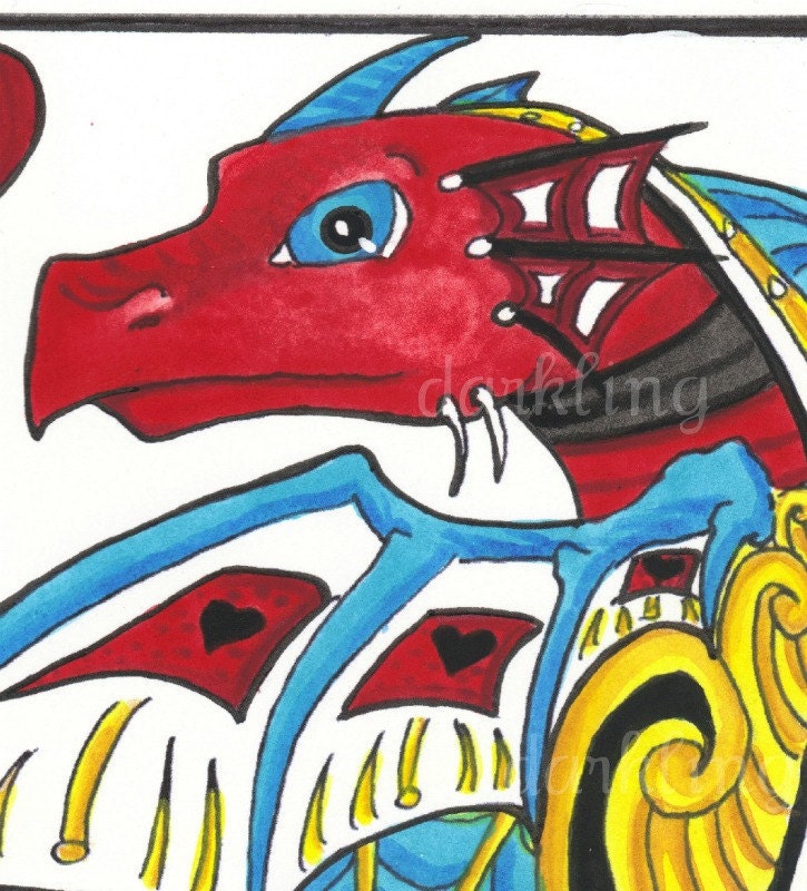 Dragon Suit Heart playing card Original big eye fantasy art Illustration