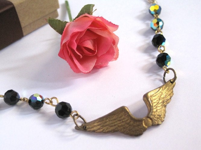 Modern Whimsical Vintage Style. Aged Raw Brass Shinigami Devil Angel Wings Swarovski Crystals 14kt gold plated  Bracelet