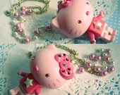 Kawaii Sweet Harajuku Sweet Pink Hello Kitty Star Crystals Glass Pearls Swarovski 14k Gold plated Chunky Necklace