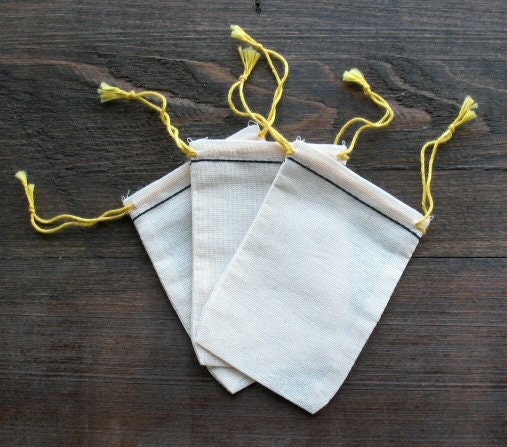 NEW 100 2.75x4 inch  Black Hem and Yellow Double Drawstring Cotton Muslin Bags