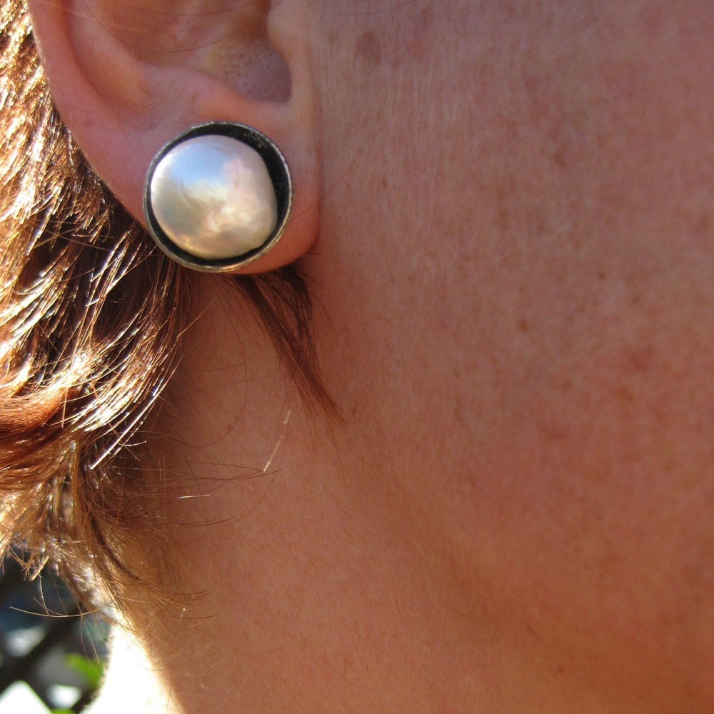 Fine silver Large Pearl Cup Earrings