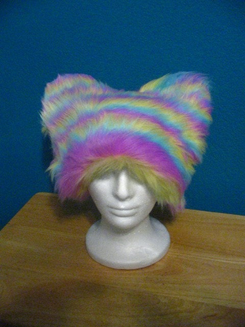 Furry Rainbow Kitty Cat Hat Playa Kitten Punk Rock