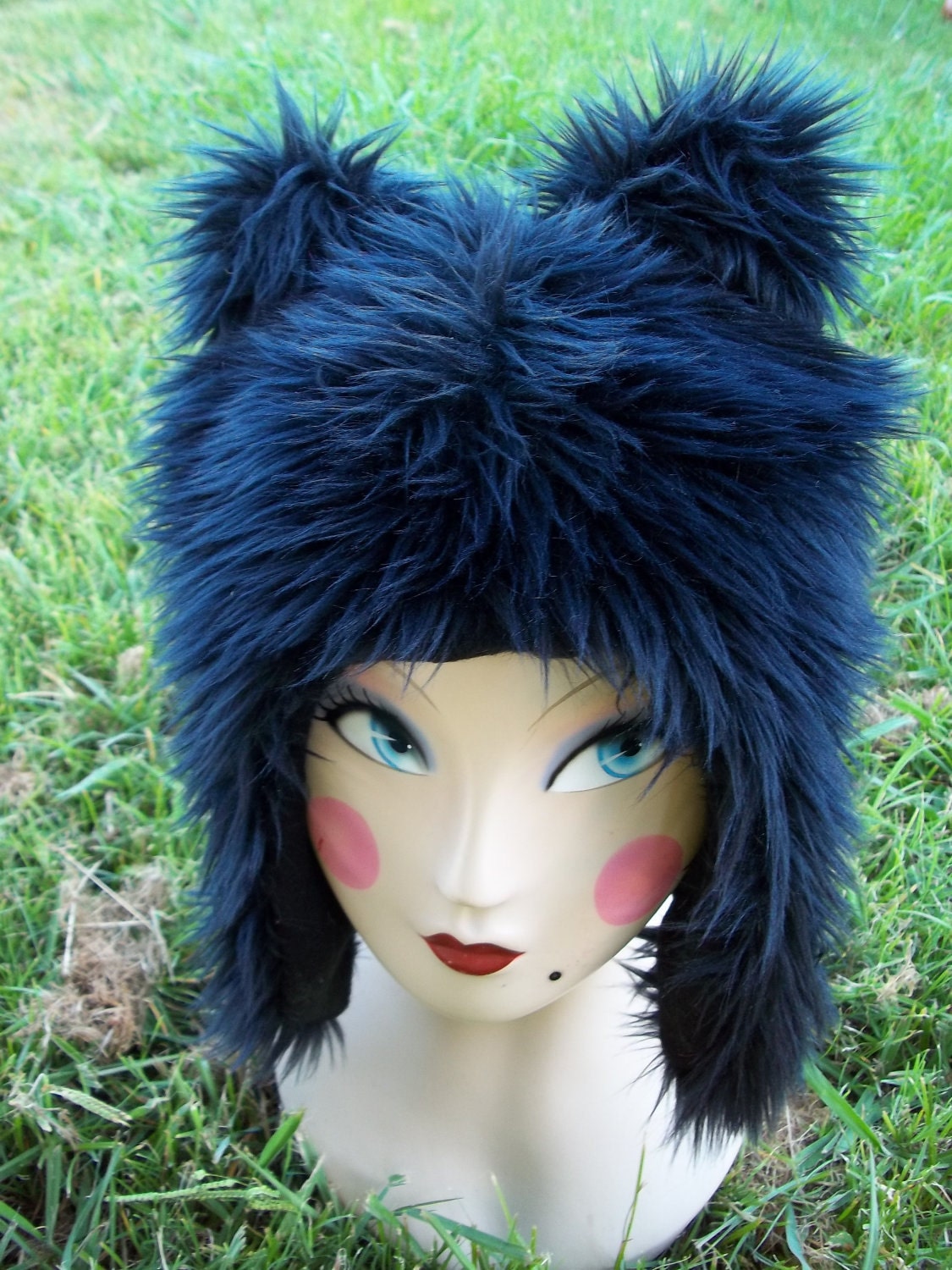 Black Furry Cat Ears Wolf Fur Hat Hood Spirit  Perfect Burning Man Halloween Costume