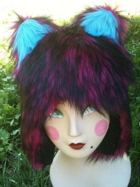 New Fuschia Purple Black Furry Cat Ear Fur Hat Care Bear