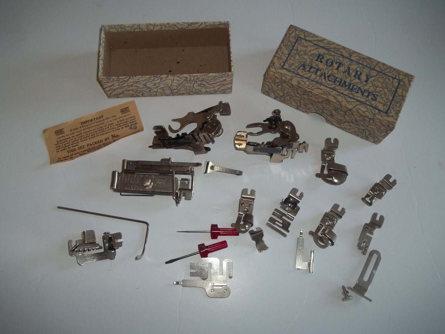 Griest Sewing Machine Foot Accessories Kit Rufflers Hemmers Roll hems Vintage 1940s 1950s