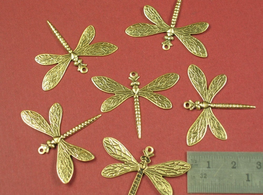 6 Antique Gold Dragonfly Charm Jewelry Findings 425