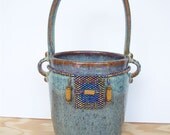 Tall Ceramic Basket in Fog Glaze with Beadweaving Panel
