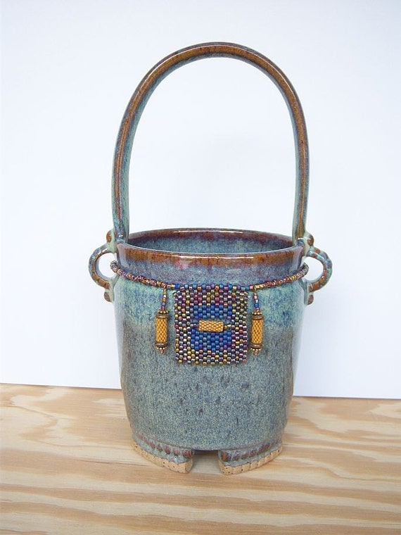 Tall Ceramic Basket in Fog Glaze with Beadweaving Panel