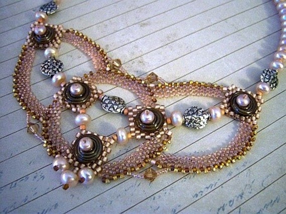 Mocha Disc and Pearls Beadweaving Necklace - Peyote Stitch Bead Weaving Necklace