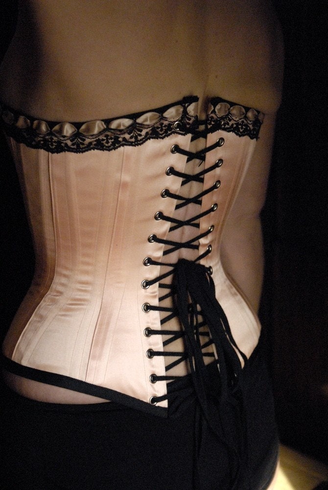 Victorian Corset, Wedding Lingerie, Peach and Black Overbust