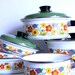 7 Piece Vintage Enamel Set.  Flower Pots and Pans.