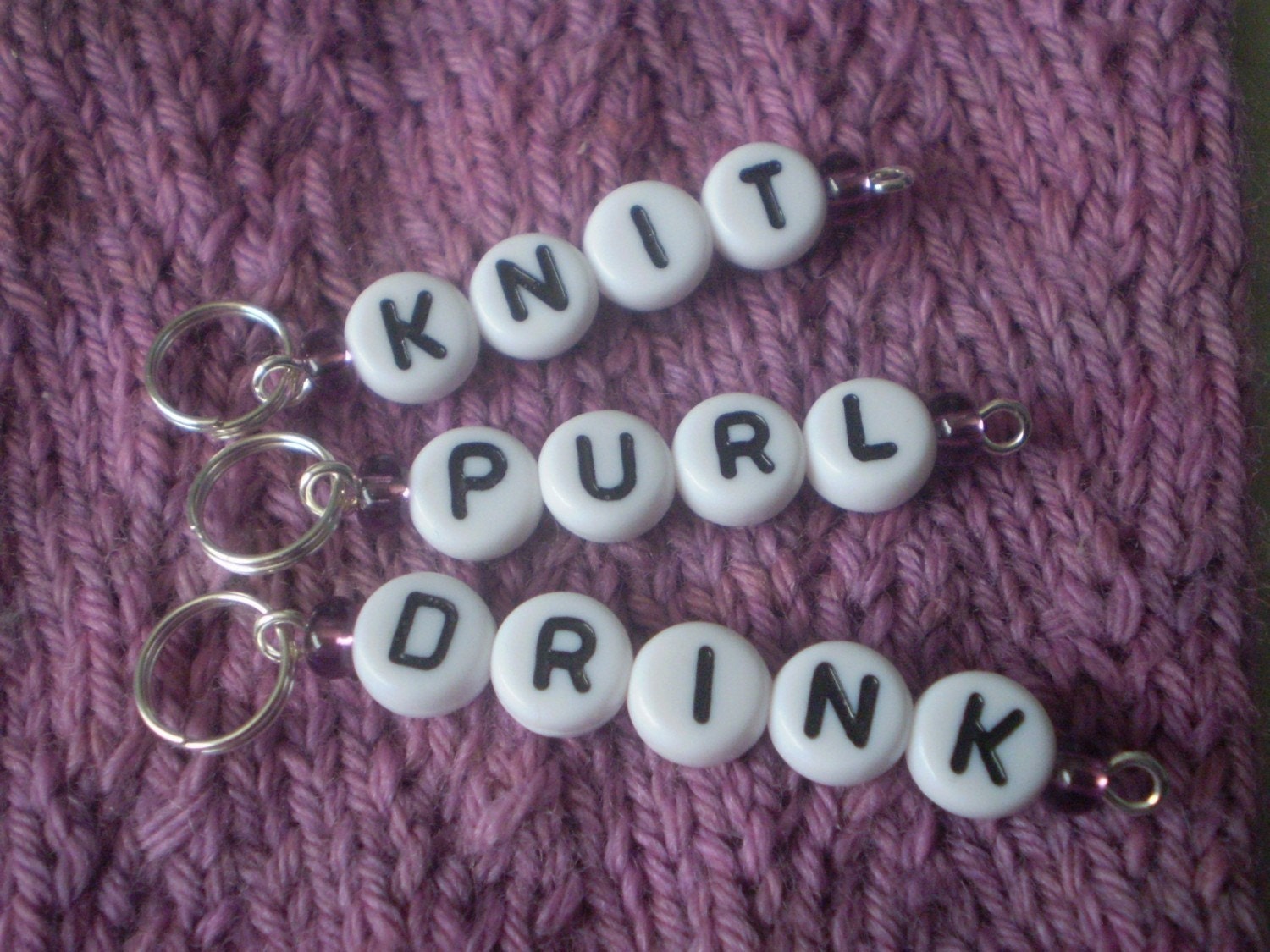 Purple Knit, Purl, Drink Stitch Markers with many color and size options