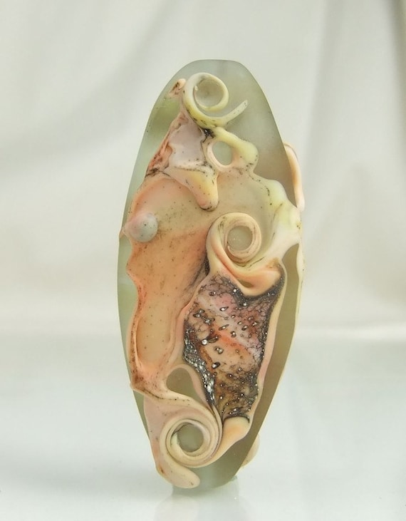 Etched Pale Aqua andSilvered Coral Ivory Lampwork Focal Bead