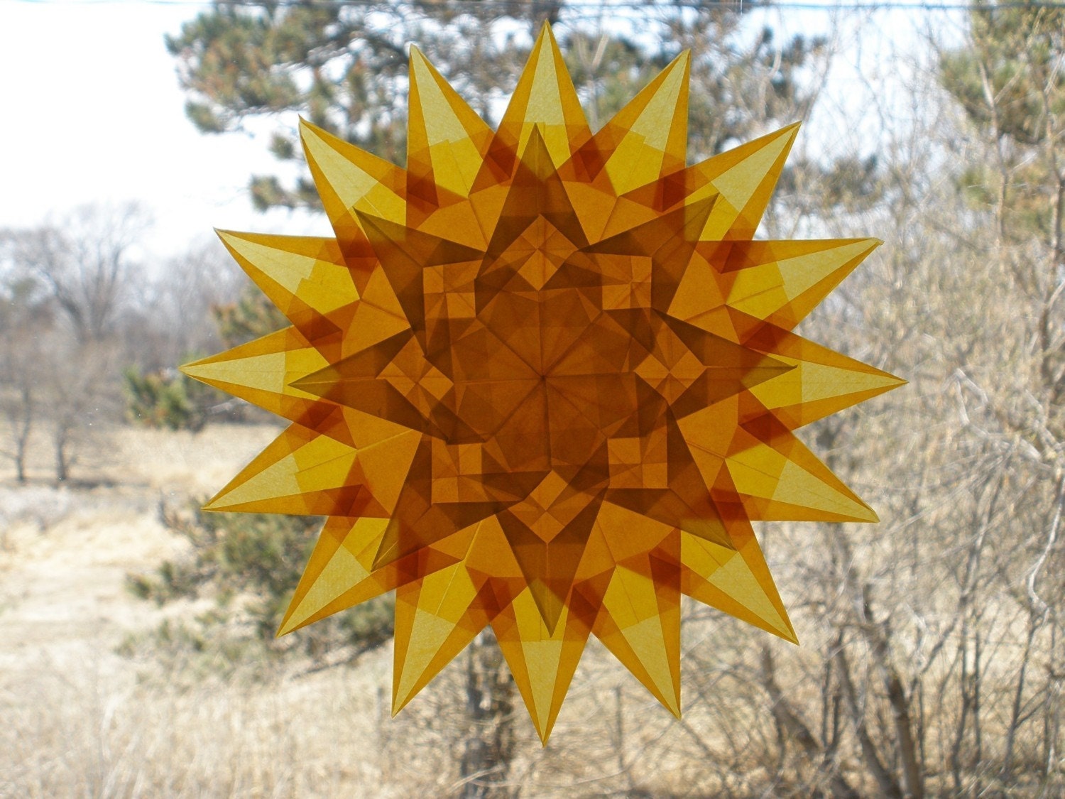 16 Point Gold Window Star with 8 Sided Yellow Star Suncatcher